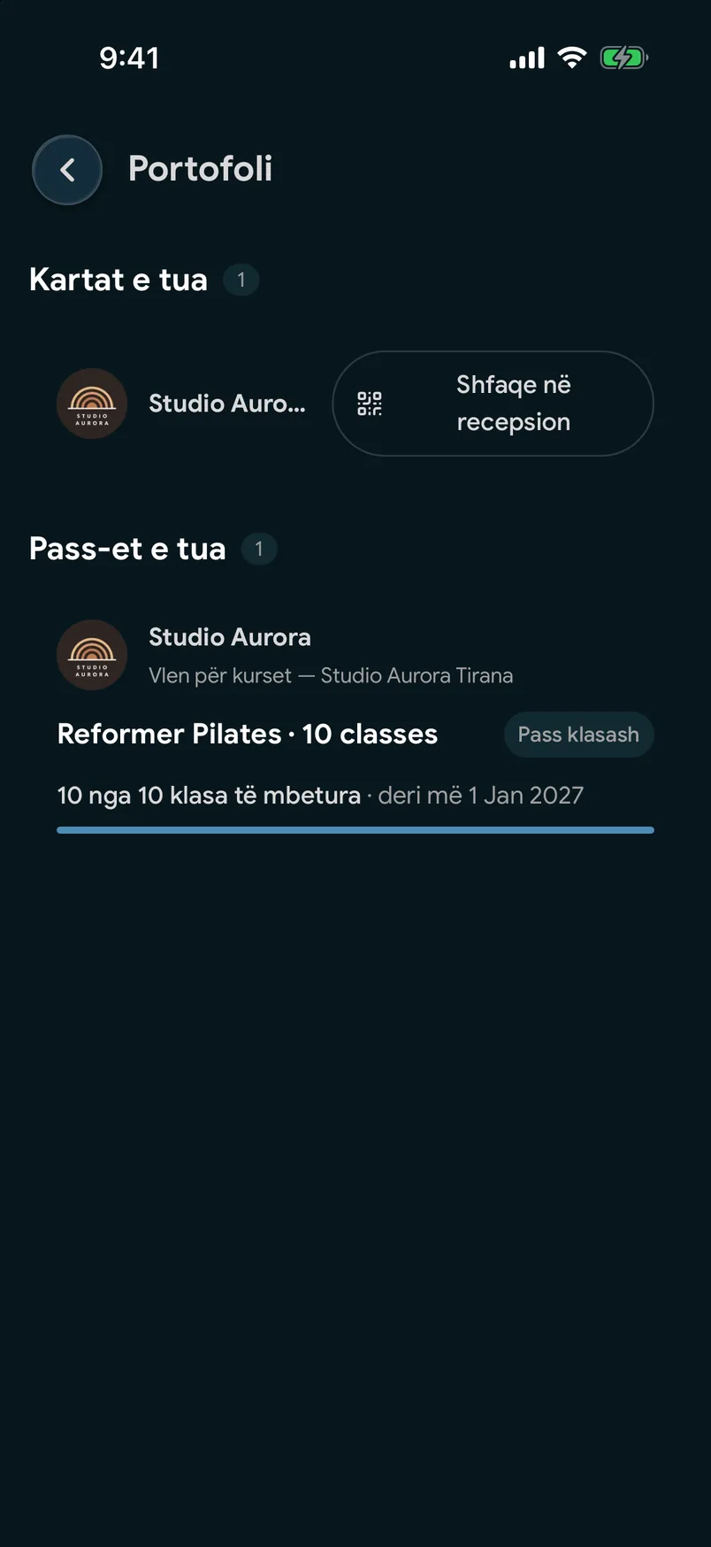 Një Pass kursi në portofolin e aplikacionit EasyBook, me kurset e mbetura